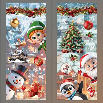 Christmas Window Clings Set - Peeking Santa & Snowflakes Reusable Peel & Stick Decorations, 149 Pcs
