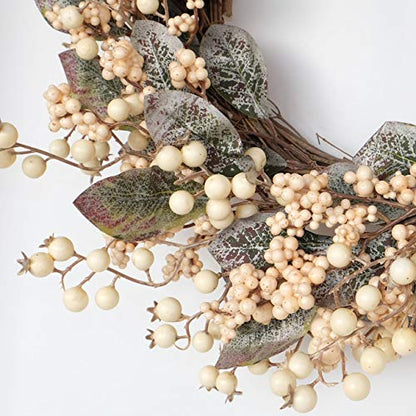 18 Inch Winter Wreath with Magnolia Leaves White Berries Farmhouse Holiday Decor