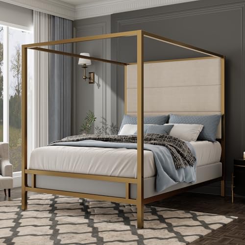King Canopy Bed with Tall Linen Headboard and Gold Metal Frame - Tan & Gold, King Size