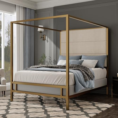 King Canopy Bed with Tall Linen Headboard and Gold Metal Frame - Tan & Gold, King Size