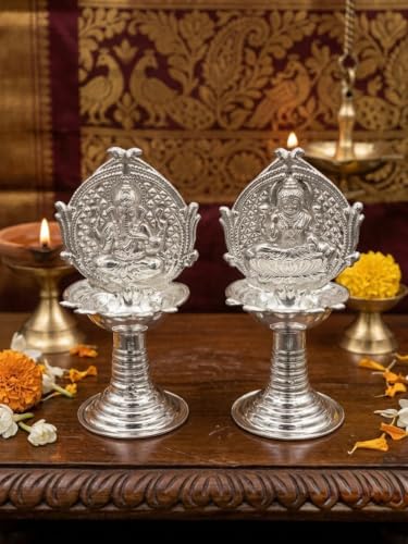 German Silver Lakshmi Ganesha Pooja Diyas Pair for Home Decor & Festivals
