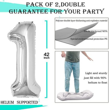 GOER Silver Number 1 Foil Balloons - Huge 42 Inch Birthday Party Decorations | 3 Pack for First Anniversary