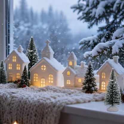 Lighted Christmas Village Set of 4 Ceramic Houses & 5 Christmas Trees Winter White Glazed Holiday Decor