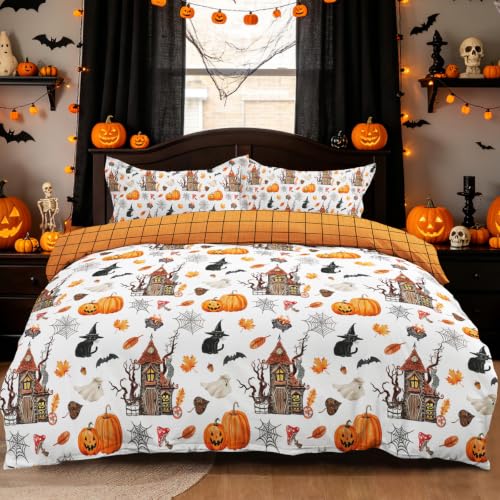 Halloween Duvet Cover Set Queen with Pumpkin Haunted House Pattern, Orange & White