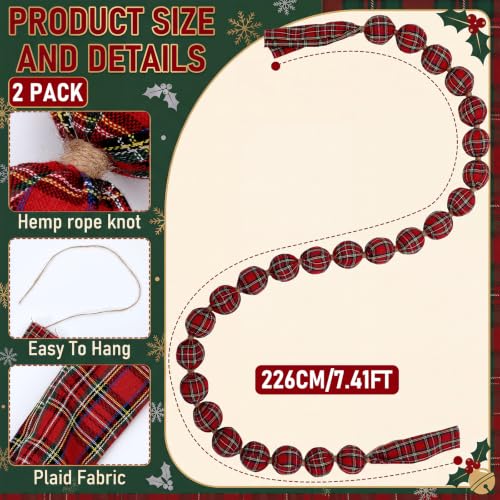 2 Pack Red Black Buffalo Check Christmas Ball Garlands - 6 Ft Holiday Decor