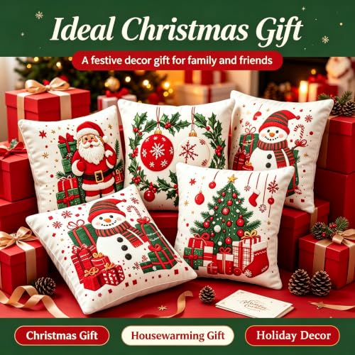 Christmas Throw Pillow Covers Set of 4 18x18 Inch Holiday Decor