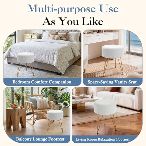 DUMOS Velvet Vanity Stool - Beige Small Round Ottoman Foot Rest