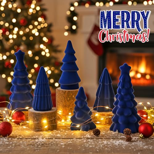 Bucherry Blue Christmas Ceramic Velvet Tree Set - 6 Pcs, 3 Sizes, Holiday Table Decor