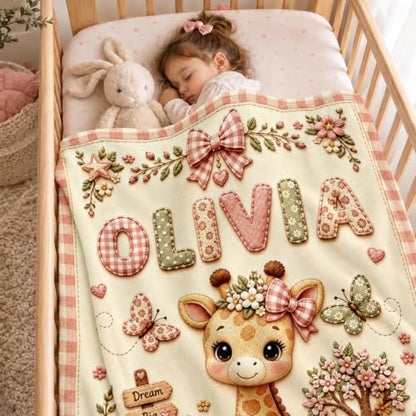 Personalized Baby Blanket with Name - Giraffe Design, Soft Plush, Custom Size