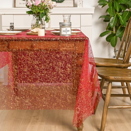 Horaldaily Red Gold Gauze Square Tablecloth 60x60 Inch Home Decor