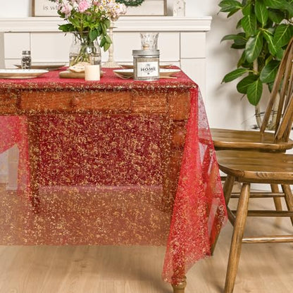 Horaldaily Red Gold Gauze Square Tablecloth 60x60 Inch Home Decor