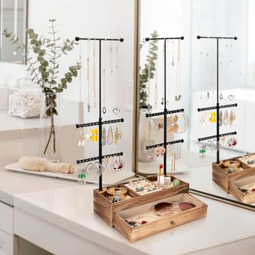 Emfogo Rustic Brown 6-Tier Jewelry Organizer Stand with Adjustable Necklace Holder