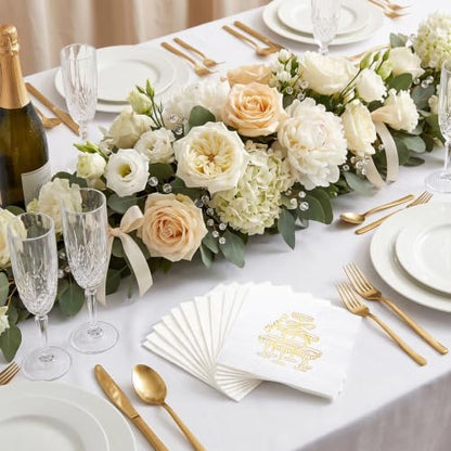White Gold Champagne Tower Cheers Wedding Paper Napkins - 25 Pcs Disposable Cocktail Decor