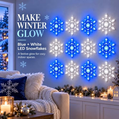 LED Snowflake Wall Decor Set with Remote Control - White, 12 Pieces - Christmas Holiday Lighting
