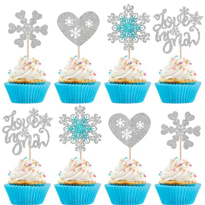 Winter Snowflake Cupcake Toppers Glitter Heart Design 9 - 24 Pack