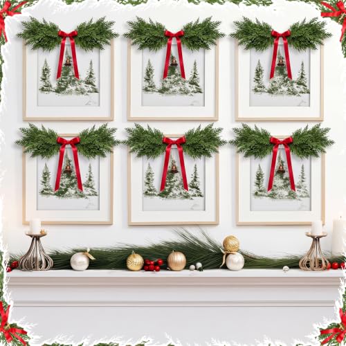 Christmas Cedar Swags Set with Red Bows and Bells - 6 Pcs, 24 Inch