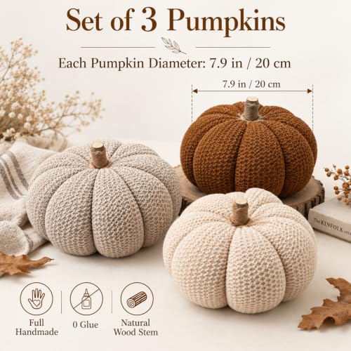 Chenille Pumpkins Set of 3 Large Handmade Fall Decor - Rustic Thanksgiving