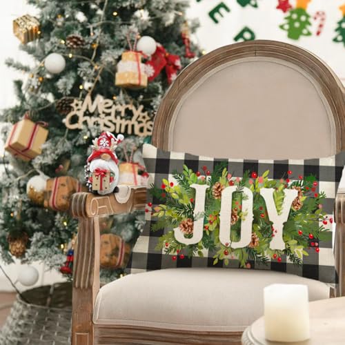 Christmas Pillow Covers 12x20 Black and Beige Buffalo Plaid Joy Wreath Outdoor Lumbar Set