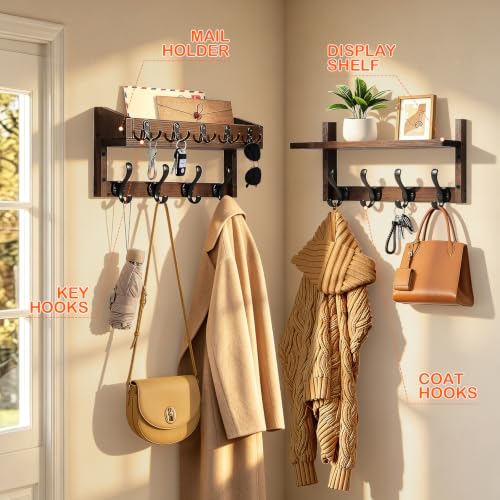 Wall Mounted Coat Rack with Shelf and 13 Hooks - Rustic Wooden Entryway Organizer