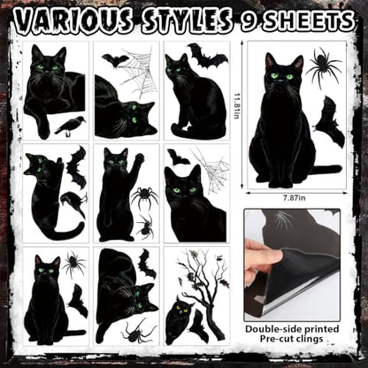 Large Black Cat Halloween Window Clings - 9 Sheets Spooky Decor for Glass Doors and Windows