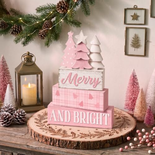 Pink Christmas Wooden Sign Set - Festive Holiday Table Decor, 4 Pieces