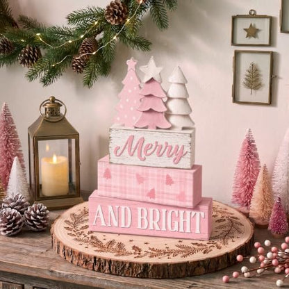 Pink Christmas Wooden Sign Set - Festive Holiday Table Decor, 4 Pieces
