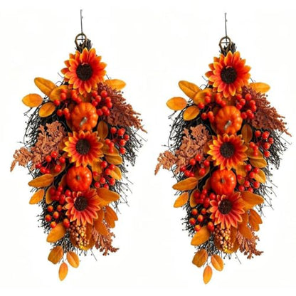 2 Pack Fall Harvest Teardrop Swags for Front Door - Autumn Decor