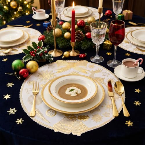 Christmas Placemats Set of 6 - Gold Merry Christmas Round Vinyl Easy Clean 15 Inch