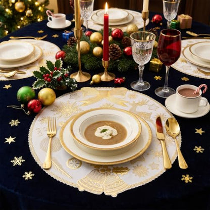 Christmas Placemats Set of 6 - Gold Merry Christmas Round Vinyl Easy Clean 15 Inch