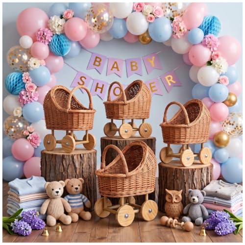 Light Brown 4-Piece Wicker Baby Carriage Set for Baby Shower Decor