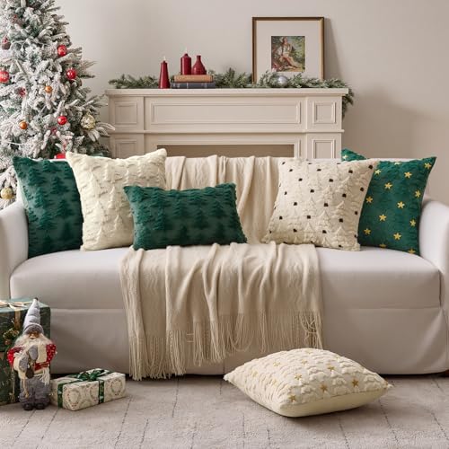 ANRODUO Christmas Tree Decorative Pillow Covers 20x20 Plush Beige Pack of 2 - Festive Holiday Decor