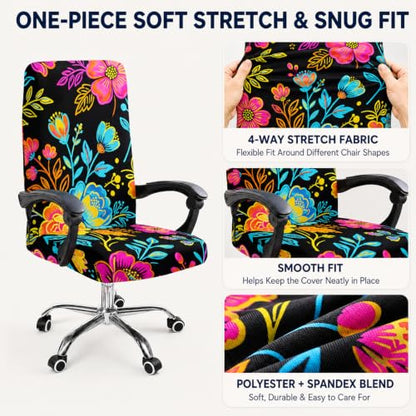 Boho Floral Stretch Office Chair Cover for High Back Desk Computer Chair - Vibrant Botanical Pattern