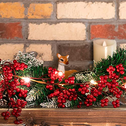 Christmas Red Berry Garland with Lights - 6 ft Battery-Operated Decor (Red / 1)