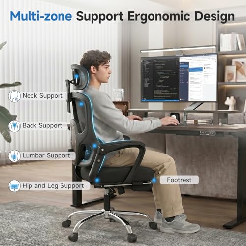 Ergonomic Office Chair with Footrest & Mesh Back, Reclines 90-145°, Black Silver