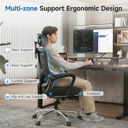 Ergonomic Office Chair with Footrest & Mesh Back, Reclines 90-145°, Black Silver