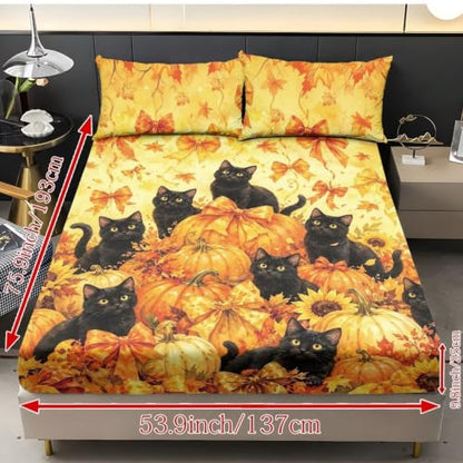 Fall Pumpkin Black Cat Fitted Sheet Set with Deep Pockets - Super Queen