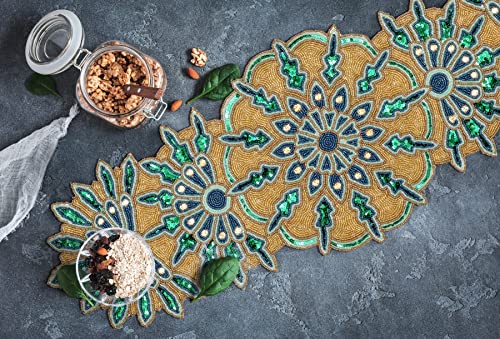 Hand Beaded Green Gold Glitz Table Runner 13x36 for Easter & Holidays - Homebia Designs