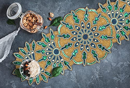 Hand Beaded Green Gold Glitz Table Runner 13x36 for Easter & Holidays - Homebia Designs