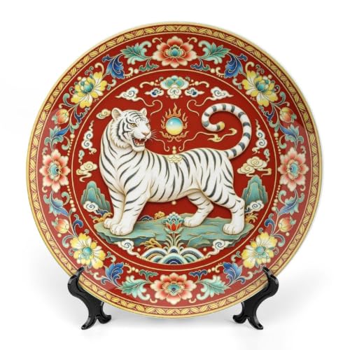 White Tiger Porcelain Decorative Plate - 6 Inch Wall Art Home Decor