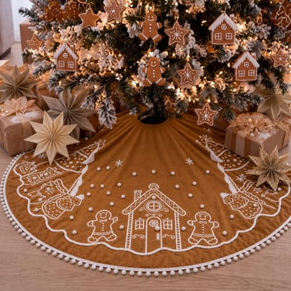48 Inch Christmas Gingerbread Tree Skirt Velvet with White Pom Poms