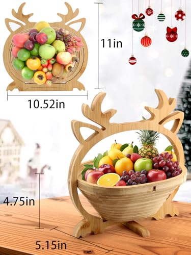 Christmas Elk Wooden Fruit Basket with Handle - Foldable Holiday Decor