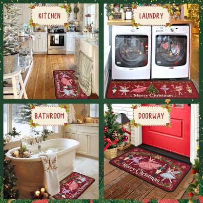 Nutcrackers Merry Christmas Kitchen Rugs Set of 2 Red Nutcracker Christmas Decor Low Profile Winter Mats - Red 2