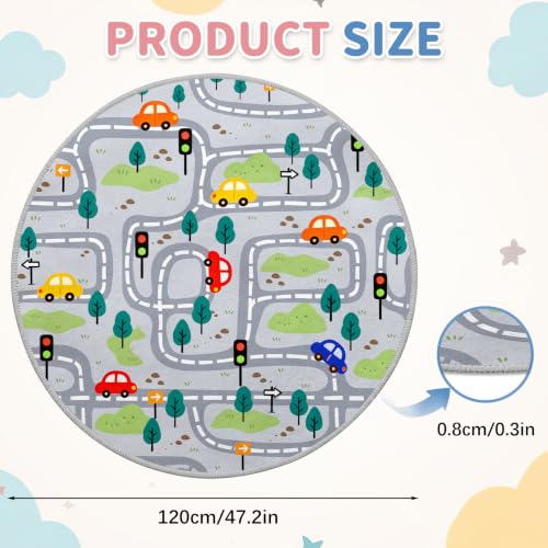 Kids Round Road Track Rug 47x47 Inches - Brown Variation - Car Play Mat for Bedroom & Playroom