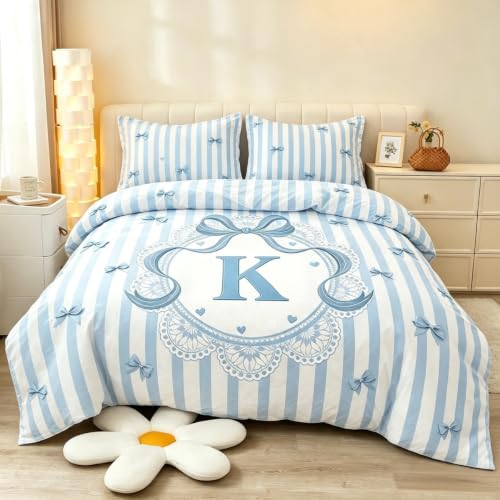 Blue Full Size 3-Piece Bedding Set for Kids with Striped Bow and Initial Letter K - Variation of Blue-K / Full