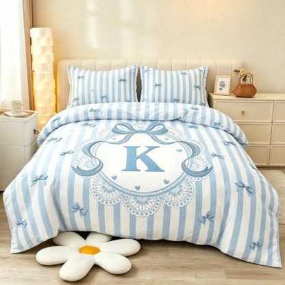 Blue Full Size 3-Piece Bedding Set for Kids with Striped Bow and Initial Letter K - Variation of Blue-K / Full