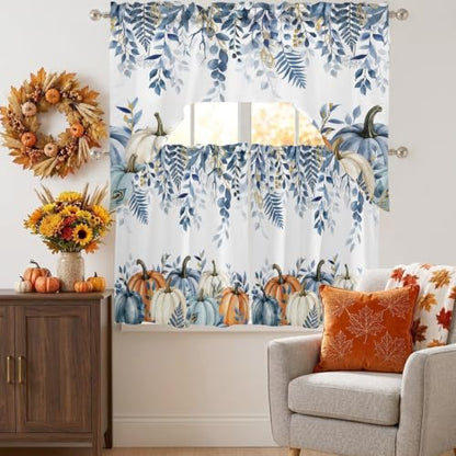 Blue Pumpkins Fall Tier Curtains with Swag Valance Sets - 27.5W x 24L White Blue