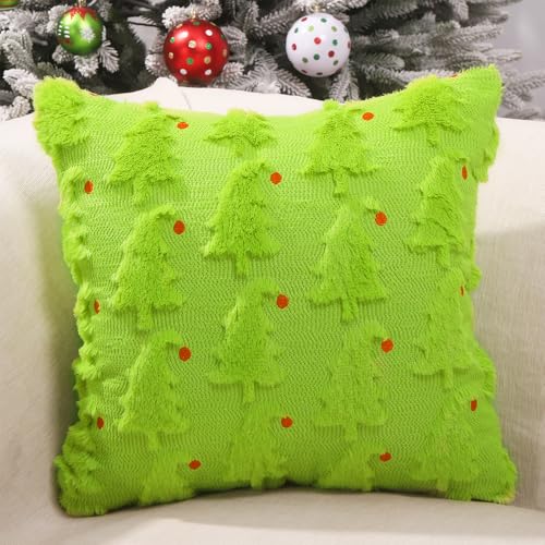 Green Christmas Pillow Covers Set of 2 - 18x18 Faux Fur Decor with Red Ball Embroidery - Variation Green2
