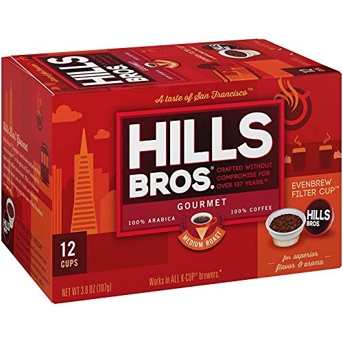 Hills Bros Single Serve Coffee Pods,Gourmet, Medium Roast, 12 Count-Keurig Compatible, Roasted Arabica Coffee, Smooth, Balanced Coffee, Subtle Chocolate Flavor
