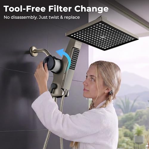 MakeFit Brushed Nickel Rain Shower Head with Handheld Filter Combo - High Pressure 12" Water Softener for Hard Water