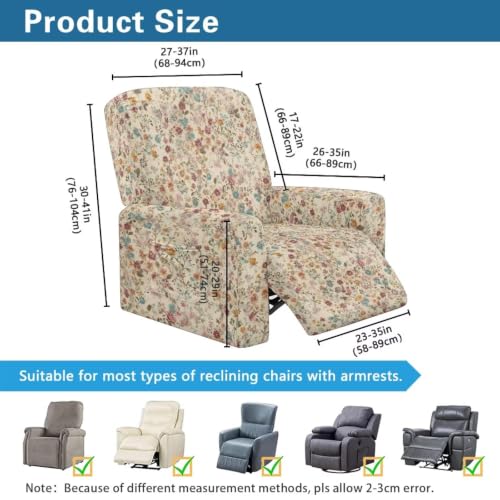 Universal Fit Retro Ditsy Flower Recliner Cover 4-Piece Set - French Countryside Style